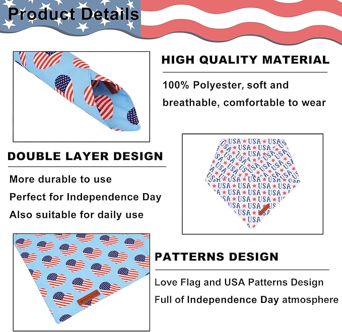 ADOGGYGO 4th of July Dog Bandanas, American Flag Pet Scarf, Multi Size Offered, White Blue Flag Bandana for Small Dogs Pets (Small)