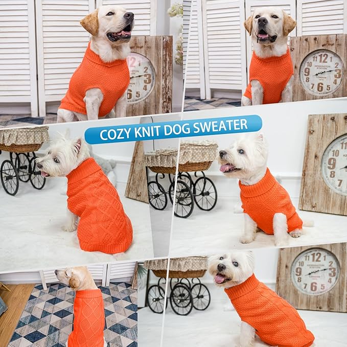 Mihachi Turtleneck Dog Sweater - Winter Coat Apparel Classic Cable Knit Clothes with Leash Hole for Cold Weather, Ideal Gift for Pet in New Year Orange Small/Medium