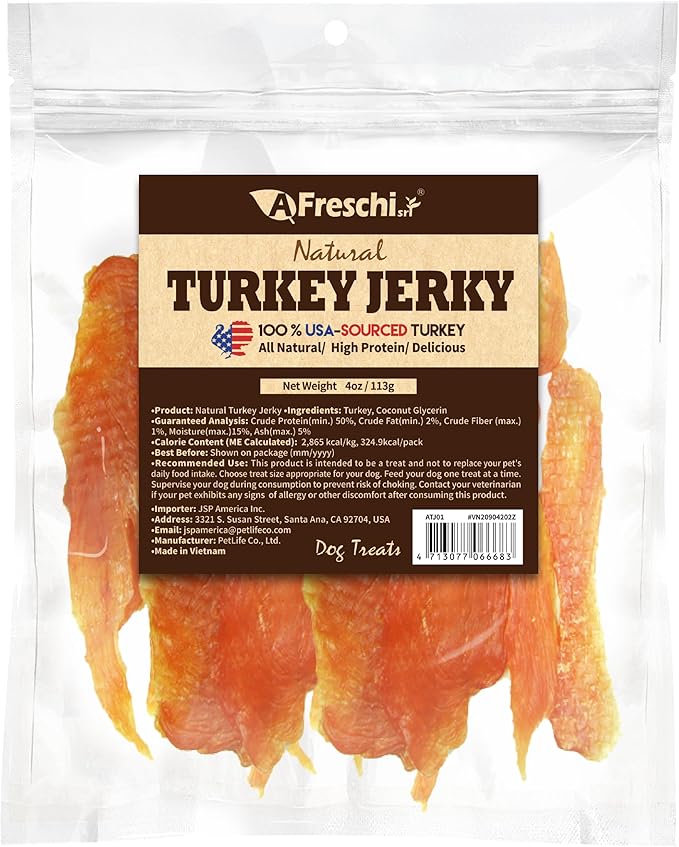 Afreschi Turkey Jerky Dog Treats – 4 oz, USA-Sourced, All-Natural, Hypoallergenic, High-Protein, Low-Fat, Healthy & Easily Digestible, Puppy & Training Snack