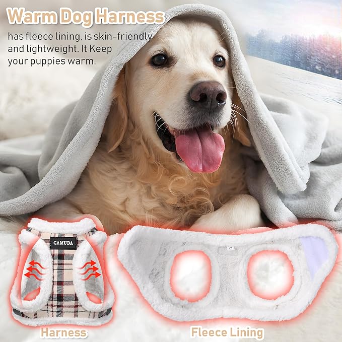 GAMUDA Small Dog Harness Collar and Leash Set, Step in No Chock No Pull Soft Mesh Adjustable Dog Vest Harnesses Plaid Reflective for Dogs Puppy Cats Kitten Rabbit (Warm Beige, M)