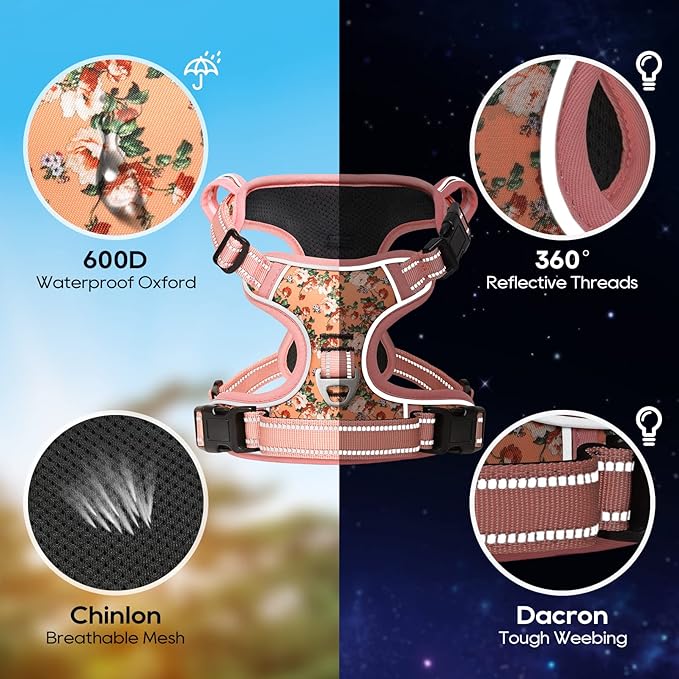 Timos Dog Harness, No-Pull Pet Harness with 2 Leash Clips, 3 Snap Buckles Adjustable Soft Padded Dog Vest, Reflective No-Choke Pet Oxford Vest with Easy Control Handle for Small Medium Large Dogs