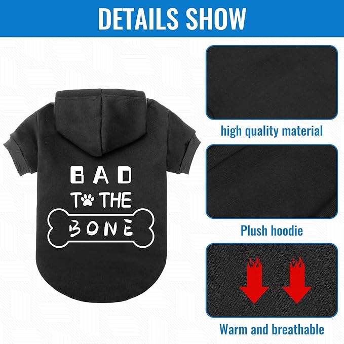 BINGPET Dog Hoodies,Bad to The Bone Printed Soft & Warm Puppy Sweatshirt Hooded with Harness Hole,Cold Protective Winter Coats Warm Puppy Pet Dog Clothes for Small Medium Large Dogs