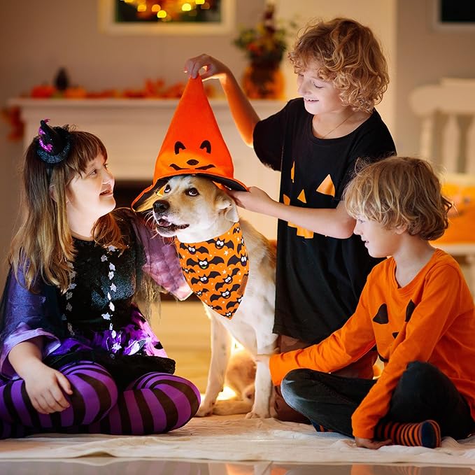 ADOGGYGO Halloween Dog Bandana, Pumpkin Bat Pet Scarf, Premium Durable Fabric, Adjustable Fit Halloween Bandanas for Medium Large Dogs Pets (Large)