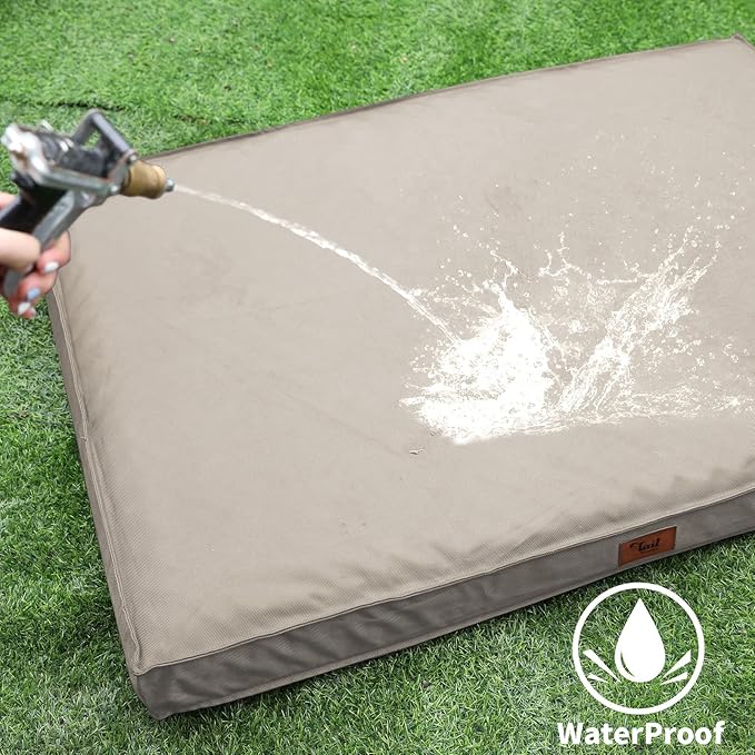 Dog Crate Bed Washable Dog Beds for Large Dogs, Big Waterproof Orthopedic Dog Bed with Egg Crate Foam Pet Bed Mat, Removable Oxford Cooling Cover, Khaki