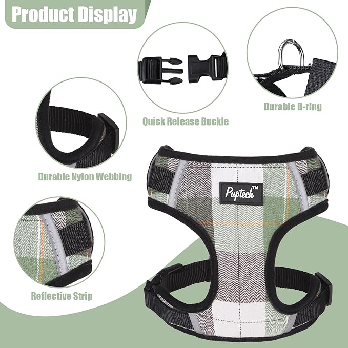 PUPTECK Dog Harness and Leash Collar Set for Small Medium Dogs Puppy and Cats Walking No Pull Adjustable Reflective Soft Mesh Padded Plaid Harnesses Pet Accessories, Green, M