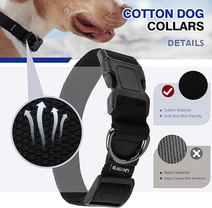 Cotton Soft Dog Collar, Quick Release Dog Collar with Buckle, Heavy-Duty Adjustable Pet Collar for XS Small Medium Large Dog, Colorfast Dog Collars with Removable Tag(L, Black)