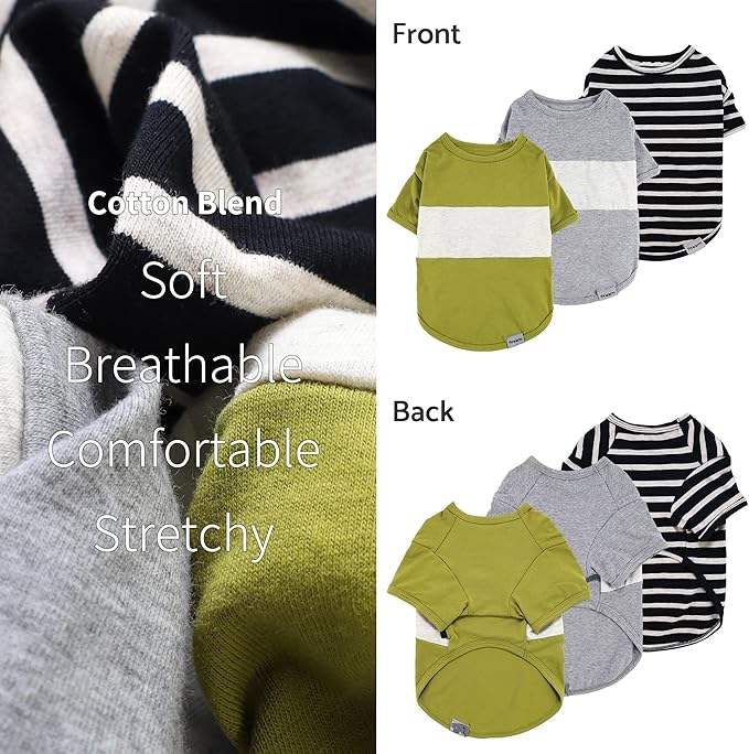 Fitwarm 3 Pack Color Block Striped Dog Shirt, Summer Dog Clothes for Small Dogs, Breathable Lightweight Pet Tshirt with Sleeves, Cat Outfit, Oliver Green, Grey, Black, XXL