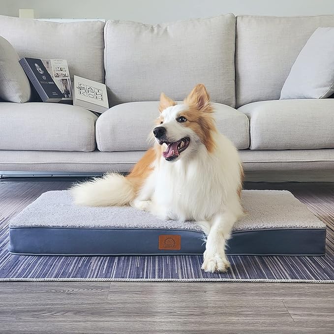 Orthopedic Dog Bed for Large Dogs and Extra Large Dogs, XL Waterproof Dog Bed with Removable Washable Cover & Anti-Slip Bottom, Crate Bed, Deluxe Plush Pet Bed Mat, L-Plus(36"X27"X3"), Grey