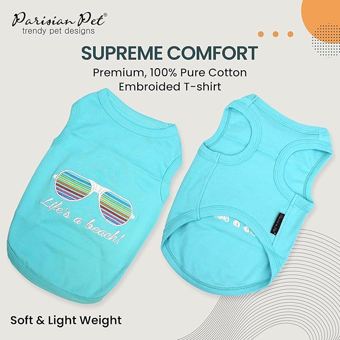 Parisian Pet Dog Tshirt - Embroidered “Life’s a Beach“ Lightweight Tank Top - 100% Cotton, Tee Shirts - Summer Dog Clothes - Machine Washable Shirts for Large Dogs - 3XL