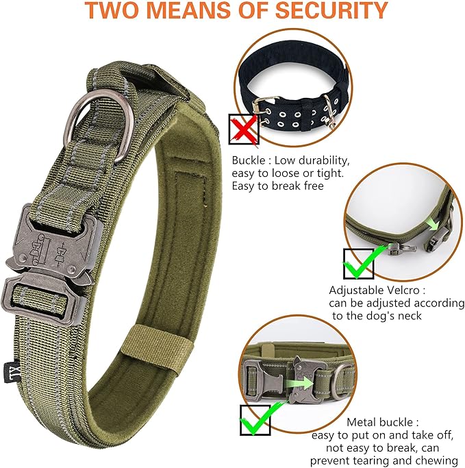 KCUCOP Tactical Dog Collar for Medium & Large Dogs - Military Nylon Heavy Duty Collar with Handle, Reflective Strip & Metal Buckle for Training, Outdoor (Green Reflective, XLarge)