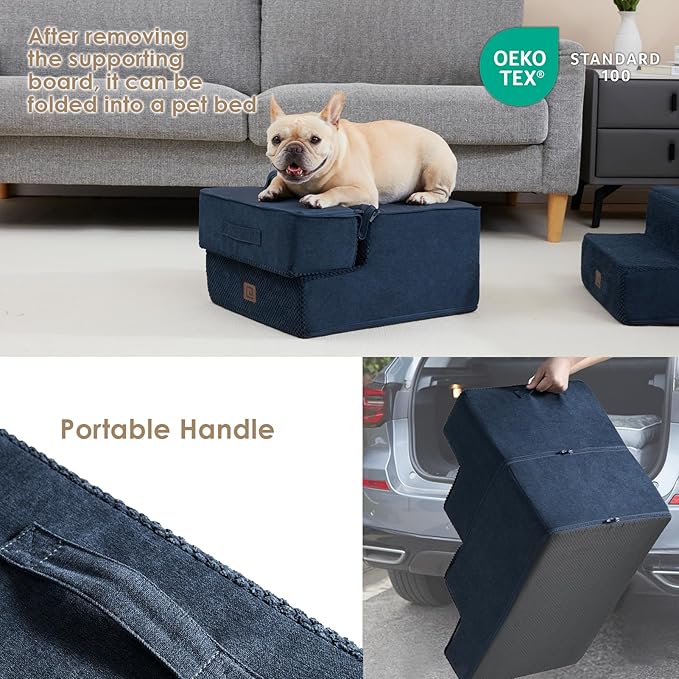 EHEYCIGA Dog Stairs for Small Dogs 13.5" H, 3-Step Dog Steps for Couch Sofa and Chair, Pet Steps for Small Cats, Non-Slip Balanced Pet Ramp Indoor, Navy Blue