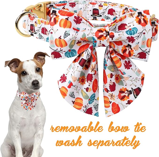 Unique Style Paws Cotton Thanksgiving Dog Collar with Bow Halloween Pumpkin Plaid Dog Collar with Bow Tie for Small Medium Large Dogs Pets Gifts