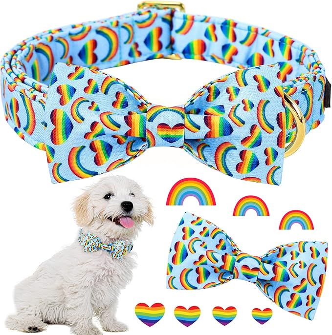ARING PET LGBTQ Dog Collar, Cotton Rainbow Heart Dog Collar with Bow, Adjustable Pride Dog Collar Bowtie with Metal Buckle for Small Medium Large Dogs
