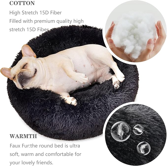 Black Dog Bed for Small Dogs Washble Calming 23 Inch Fluffy Plush Black Dog Bed Round Donut Machine Washable Small Pet Bed