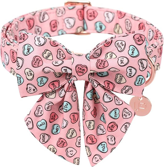 Valentine’s Dog Collar with Bow Tie, Pink Heart Bowtie Collar with Metal Buckle, Valentine’s Gift Pet Collar for Puppy Girl Boy Dog or Cat, Wedding Dog Collar, L