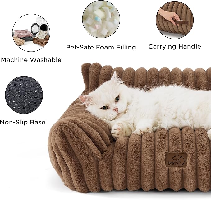 Bedsure Cute Pet Couch - Fluffy Sofa with Premium Soft Corduroy Fleece, Washable Cover, Supportive Cat Chair, 24 inch, Copper Brown