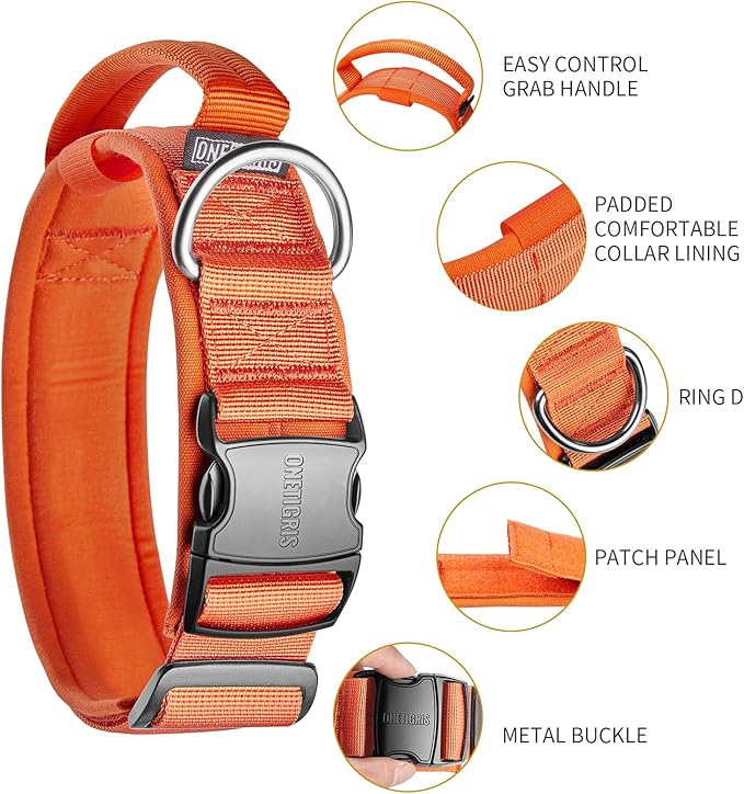 OneTigris Tough Dog Collars, Tactical Dog Collar with Handle, Milltary Adjustable Dog Collar with Heavy Duty Metal Buckle for Training (Large(Pack of 1), Orange)