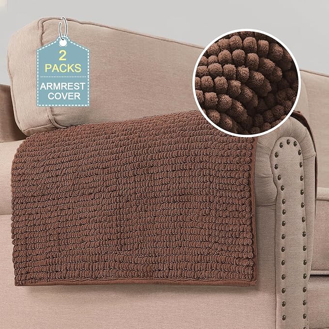H.VERSAILTEX Plush Chenille Couch Armrest Cover 2 Packs Thick and Soft Sofa Covers Furniture Protector Cover for Pets (27.5" x 27.5", Caramel)