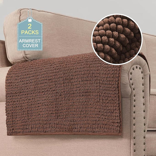H.VERSAILTEX Plush Chenille Couch Armrest Cover 2 Packs Thick and Soft Sofa Covers Furniture Protector Cover for Pets (27.5" x 27.5", Caramel)