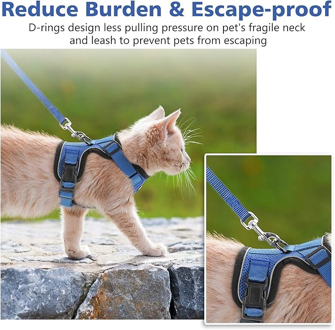 Dooradar Cat Harness and Leash Set, Escape Proof Safe Adjustable Kitten Vest Harnesses for Walking, Easy Control Soft Breathable Mesh Jacket with Reflective Strips for Cats, Blue, XXS