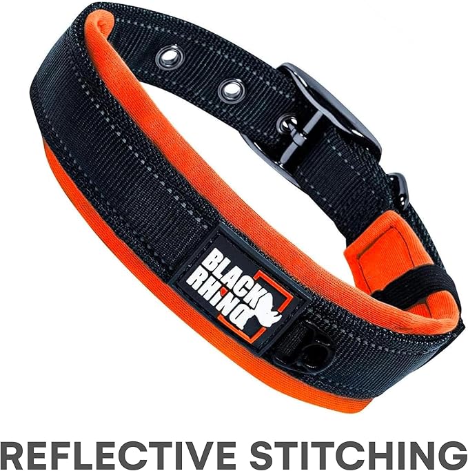 Black Rhino Extra Large Dog Collar - Adjustable Reflective Heavy Duty Dog Collars with Ultra-Soft Neoprene Padding - Weatherproof, Durable, and Comfortable - Ideal for Active Dogs - Orange and Black
