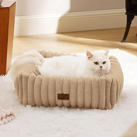 Bedsure Cute Dog Bed for Small Dogs & Cats - Washable Furry Puppy Beds, Rectangle Orthopedic Corduroy Fleece Pet Beds with Removable Zipper Cover, 20x19x6inches, Sandy Tan