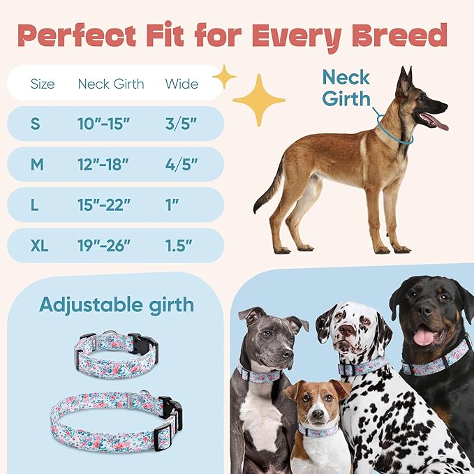 Dog Collar for Medium & Large Dogs - Rose Flowers Cotton Padded Pattern on Long Lasting, Adjustable, Strong and Durable Collars - Choose from Stunning Patterns and Colors