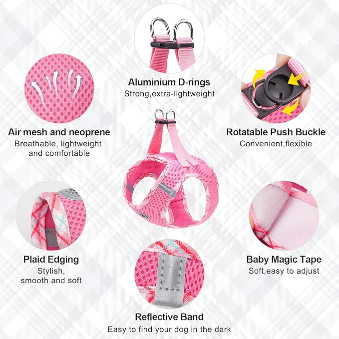 BEAUTYZOO Dog Harness and Leash Set for Small Medium Dogs,No Pull Step-in Harness for Puppy S M Sized Dogs and Cats,Air Mesh Adjustable Breathable Soft No Chock Escape Proof Vest Harnesses,Pink XL