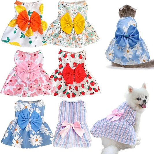 6 Pieces Dog Dresses for Small Dogs Girls, Cute Princess Puppy Kitten Dog Dresses with Flowers and Bowknot for Pet Cats, Small Dogs' Outfits Female Pet Skirts Clothes for Chihuahua Yorkies