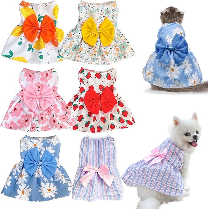 6 Pieces Dog Dresses for Small Dogs Girls, Cute Princess Puppy Kitten Dog Dresses with Flowers and Bowknot for Pet Cats, Small Dogs Outfits Female Pet Skirts Clothes for Chihuahua Yorkies
