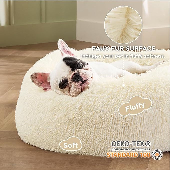 Bedsure Calming Dog Bed for Small Medium Dogs - Donut Washable Medium Pet Bed, 27 inches Anti-Slip Round Fluffy Plush Faux Fur Cat Bed, Cream