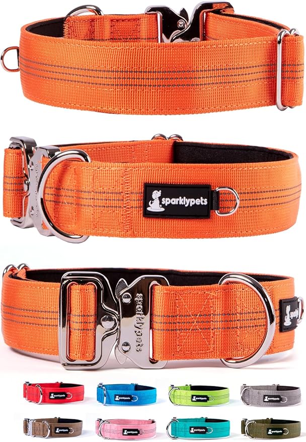 SparklyPets Heavy Duty Wide Dog Collar with Quick Release Chrome Buckle – Thick Tactical Dog Collar with Reflective Stripes & Soft Lining – for Large & Medium Breeds