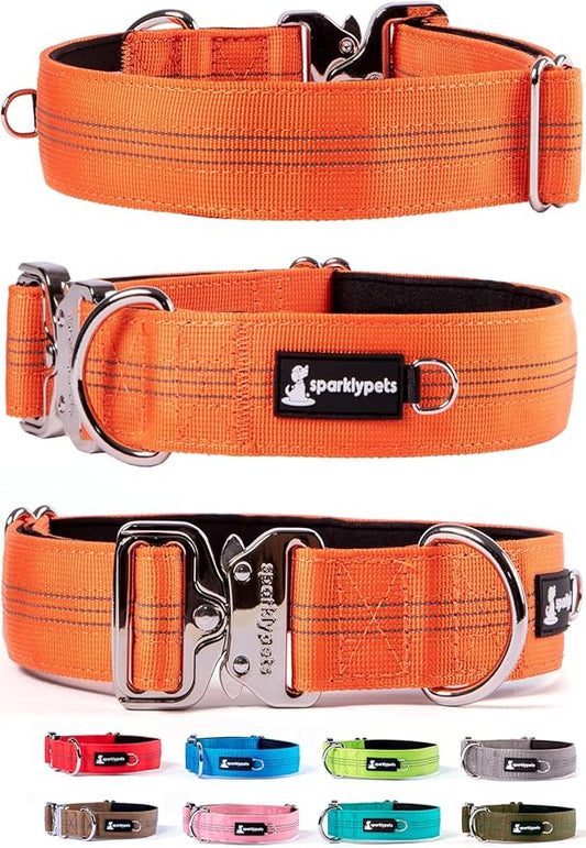 SparklyPets Heavy Duty Wide Dog Collar with Quick Release Chrome Buckle – Thick Tactical Dog Collar with Reflective Stripes & Soft Lining – for Large & Medium Breeds