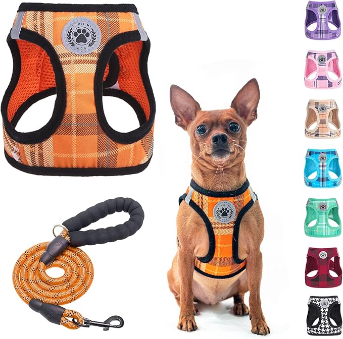 BEAUTYZOO Small Dog Harness and Leash Set,Step in No Choke No Pull Soft Mesh Dog Harnesses Reflective for Extra-Small Medium Puppy Dogs and Cats, Plaid Dog Vest Harness for XS S Pets, Orange XS