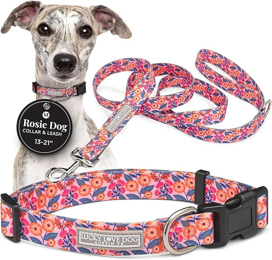 Lucky Love Dog - Easy Click Buckle Dog Collar with Leash Set Combo, Durable & Comfortable for Male & Female Dogs, Pet Collar for Small to Large Dogs, Secure Fit - Floral Rosie Combo, Medium