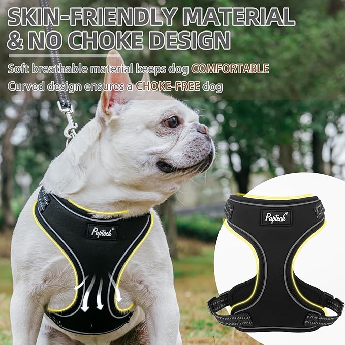PUPTECK Dog Harness and Leash Set for Small Medium Sized Dogs, No Pull Dog Harness for Walking Training, Adjustable Reflective Puppy French Bulldog Frenchie Harness Soft Padded Vest, Black, S