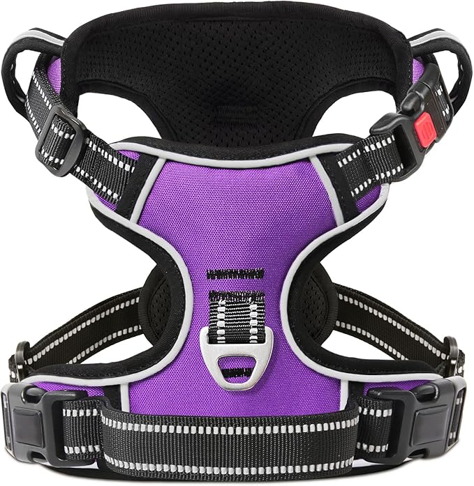 Timos Dog Harness Small Sized, No Pull with Neck Lockable Snap,No Choke Front Clip Dog Reflective Harness,Adjustable Metal Rings 3 Buckles,Easy Control Handle for Small Dogs Purple XS
