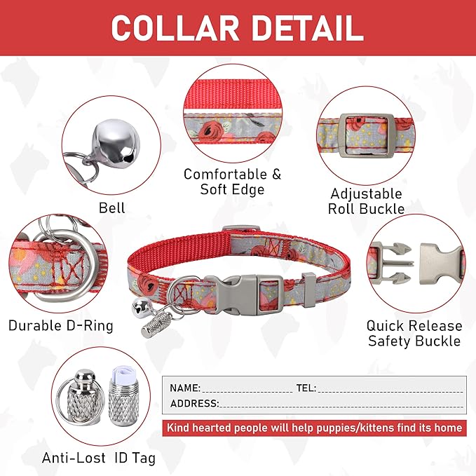 GAMUDA Small Dog Harness Collar and Leash Set, Step in No Chock No Pull Soft Mesh Adjustable Dog Vest Harnesses Plaid Reflective for Dogs Puppy Cats Kitten Rabbit (Red Flower, XL)