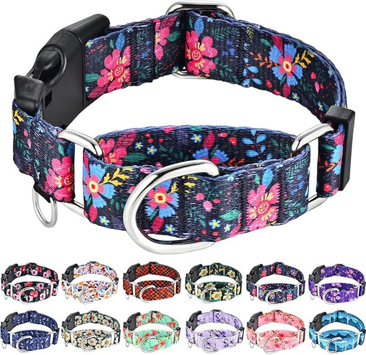 Slip Collar for Dogs Martingale Collar with Buckle Floral Adjustable Soft Nylon Dog Collars (Blue Pink Flower, Large)
