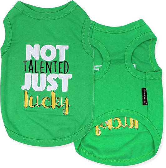 Parisian Pet Dog Tshirt - Embroidered “ Not Talented Just Lucky “ Dog Clothes - 100% Cotton Pet Vest - Sleeveless Green Tee Shirts - Machine Washable Shirt for Large Dogs - XL