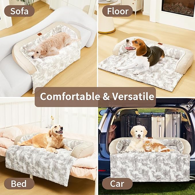 Calming Dog Couch Bed Mat, 45x37 Inch Waterproof Fluffy Sofa Cover, Furniture Protector with Handle, Removable and Washable Pet Bed for Large Dogs and Cats (Beige)