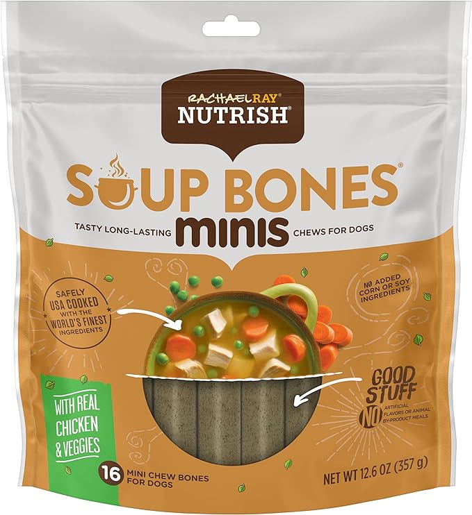 Nutrish Rachael Ray Soup Bones Minis Dog Chews with Real Chicken & Veggies, 16 Chews, 12.6 oz (Pack of 6)
