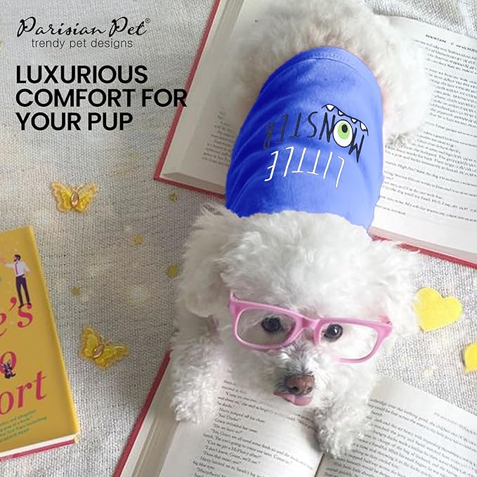 Parisian Pet Dog Tshirt - Embroidered “ Little Monster “ Boy Dogs Apparel - Pure Cotton and Lightweight Dog Clothes - Sleeveless Blue Doggy Tee Shirts - Machine Washable Shirt for Large Dogs - 2XL