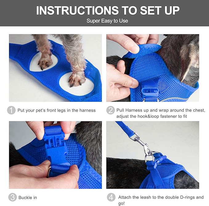 Fida Comfy Dog Harness with Leash, Soft Puppy Vest Escape Proof, Breathable Lightweight Soft Mesh, Adjustable Reflective Step-in Harness for Cat & Extra-Small Pet (XS, Blue)