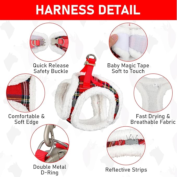 GAMUDA Small Dog Harness Collar and Leash Set, Step in No Chock No Pull Soft Mesh Adjustable Dog Vest Harnesses Plaid Reflective for Dogs Puppy Cats Kitten Rabbit (Warm Red, XS)