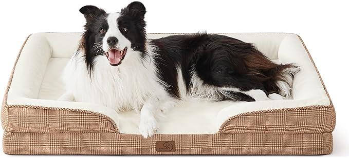 Bedsure Orthopedic Dog Beds Large Sized Dog - Washable Large Dogs Bed Waterproof, Big Comfort Pet Couch with Washable Removable Cover, Supportive Foam Pets Sofa with Nonskid Bottom, Plaid-Brown