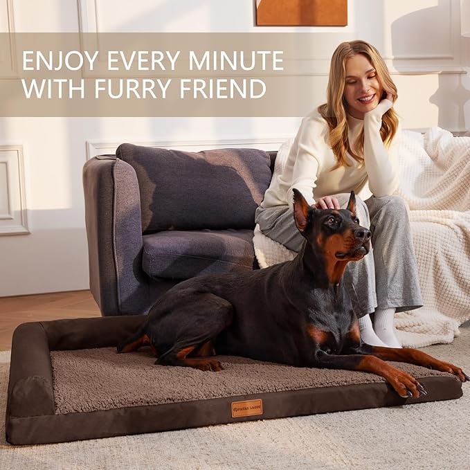Patas Lague Orthopedic Jumbo Dog Bed for Extra Large Dogs 56''X40'', Waterproof L Shaped Jumbo Pet Sofa Beds with Removable Washable Cover, Soft Comfortable Pet Couch Mat with Nonskid Bottom, Brown
