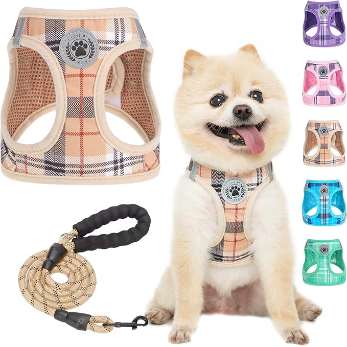BEAUTYZOO Small Dog Harness and Leash Set,Step in No Choke No Pull Soft Mesh Dog Harnesses Reflective for Extra-Small Medium Puppy Dogs and Cats, Plaid Dog Vest Harness for XS S Pets, Beige XS