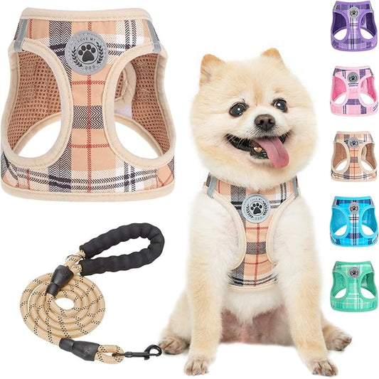 BEAUTYZOO Small Dog Harness and Leash Set,Step in No Choke No Pull Soft Mesh Dog Harnesses Reflective for Extra-Small Medium Puppy Dogs and Cats, Plaid Dog Vest Harness for XS S Pets, Beige XS