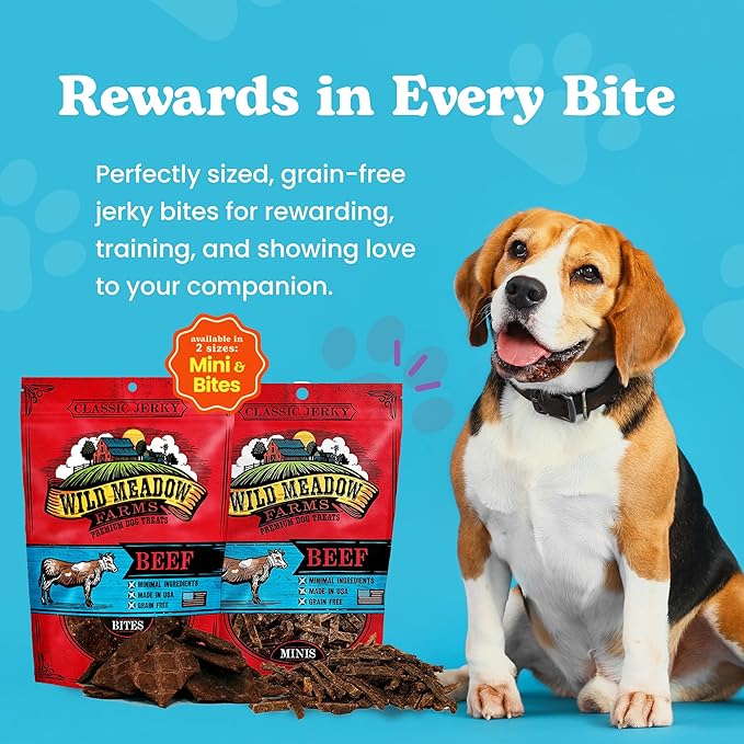 Wild Meadow Farms - Classic Beef Bites, Soft Jerky Treats for Dogs, Grain-Free & All-Natural, Ideal for Training, Portioning, and High-Value Rewards for All Breeds & Ages - 3.5 Ounce Pouch